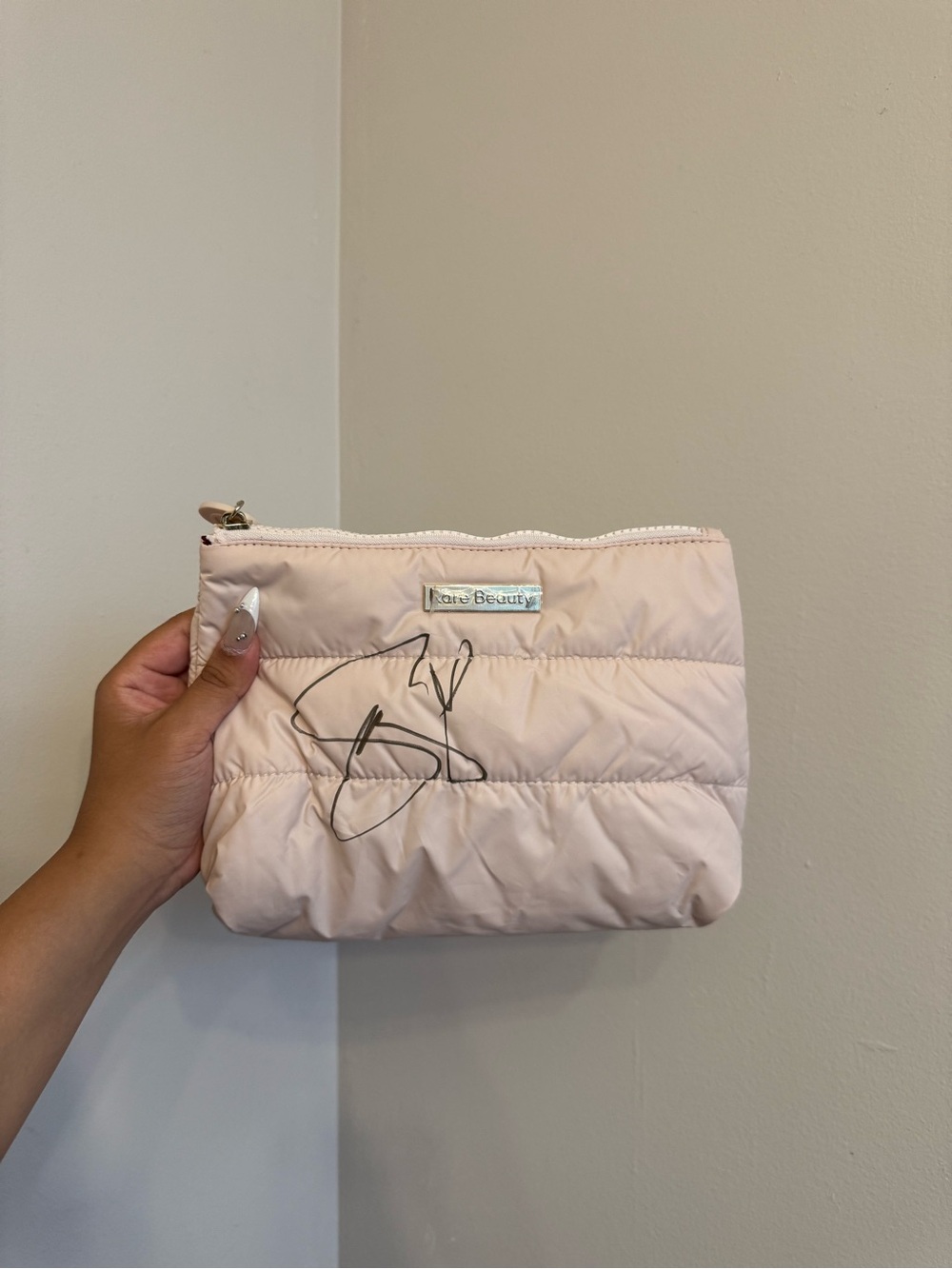 Signed Selena Gomez Rare Beauty Blush Pink Quilted Cosmetic Pouch